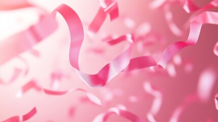 Obraz premium 98.A soft pink background with floating pink ribbons of various sizes, creating a sense of movement and lightness, ideal for Breast Cancer Awareness campaigns.
