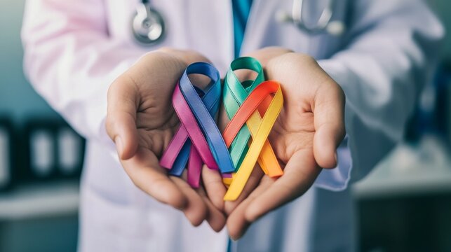 30.A symbolic composition showing a doctorâ€™s open hands offering a set of colorful ribbons, with a soft hospital setting in the background, representing care and support for all affected.