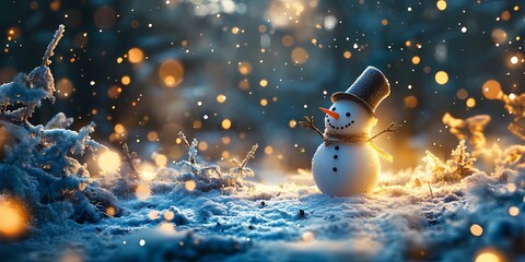 Blurred bokeh lights softly glowing behind a snowman in a snowy landscape creating a cozy and festive winter vibe, style book illustration
