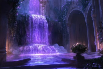 A mesmerizing purple waterfall cascades in ancient ruins, surrounded by lush greenery and ethereal lighting.