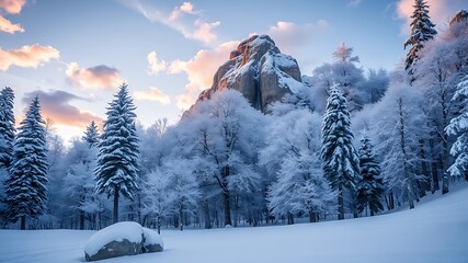 Majestic winter landscape featuring a snow-covered forest and a dramatic rock formation at sunset, creating a serene and picturesque scene.