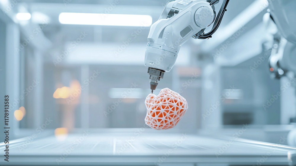 Poster robot performing a quality control scan on a 3d-printed object, automation, high-tech production and