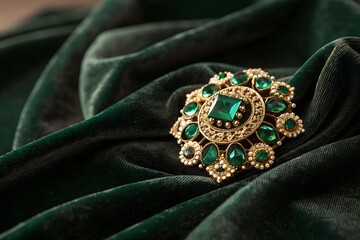 Obraz premium An emerald-studded brooch pinned on velvet fabric