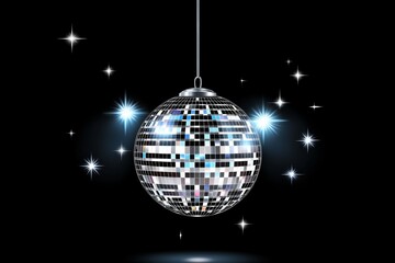Obraz premium A dazzling disco ball hangs elegantly against a black background, radiating reflections of light and creating a vibrant and festive atmosphere perfect for parties.