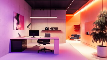 Modern Home Office Design with Vibrant Lighting and Minimalist Decor