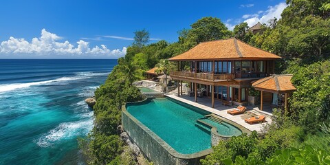 Fototapeta premium Luxurious oceanfront villa with infinity pool and tropical surroundings on a sunny day