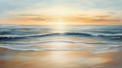 Obraz premium A calming coastal view with rippling waves and smooth sand, framed by soft golden hour colors