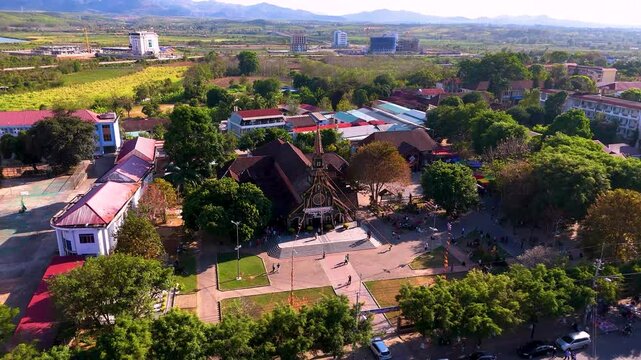 The famed wooden church or Nha Tho Go, or the Catholic Kon tum Cathedral, in the city of Kon tum in the Central Highlands of Vietnam. Travel concept