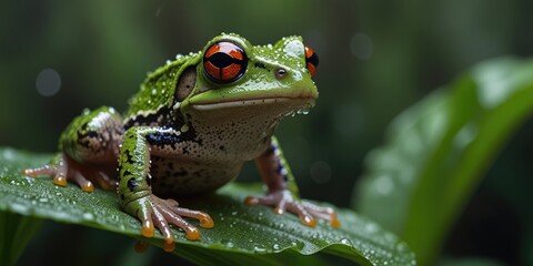 Rainforest frog, Rainforest Beauty: Frog and Dewy Plants
