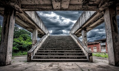 Fototapeta premium Crumbling concrete stairs ascend under stormy skies in abandoned building.