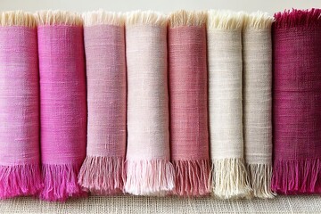 Rolled fabric swatches in pink color gradient.