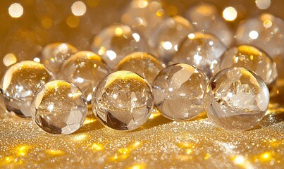 Crystal clear balls on gold glitter, bokeh background, festive decor.