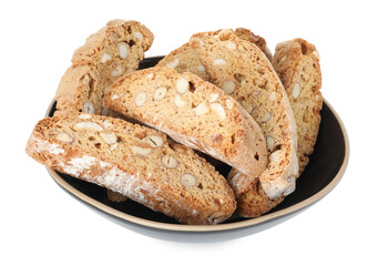 Traditional Italian almond biscuits (Cantucci) in bowl isolated on white