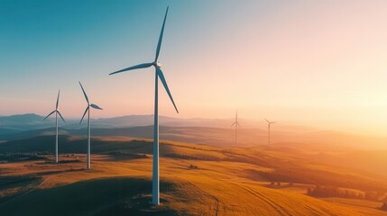 Wind Turbines in Beautiful Landscape at Sunrise with Orange Hues