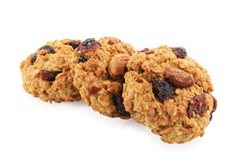 Delicious oatmeal cookies with dried cranberries and nuts isolated on white