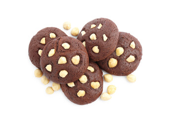 Tasty chocolate cookies with hazelnuts isolated on white, top view