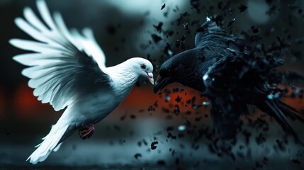 A striking depiction of a white dove and a black crow locked in an intense moment, showcasing the contrast between light and darkness, symbolizing peace and conflict.