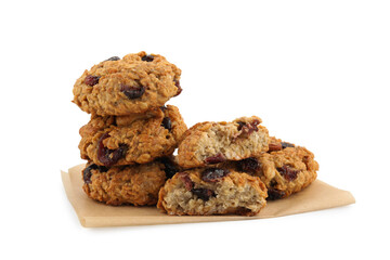 Delicious oatmeal cookies with dried cranberries and nuts isolated on white
