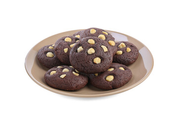 Tasty chocolate cookies with hazelnuts isolated on white