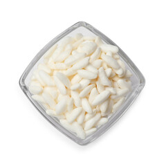 Puffed rice in bowl isolated on white, top view