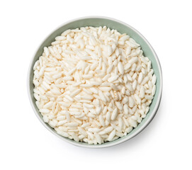 Puffed rice in bowl isolated on white, top view