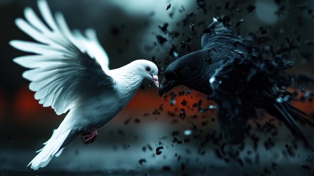 Fototapeta A striking depiction of a white dove and a black crow locked in an intense moment, showcasing the contrast between light and darkness, symbolizing peace and conflict.