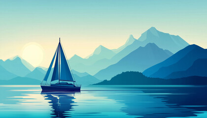 Sailing yacht at sea against the backdrop of mountains and the night sky.