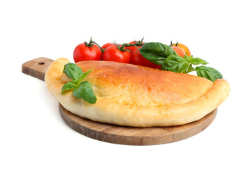 Tasty vegetarian calzone with basil and tomatoes isolated on white