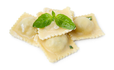 Delicious ravioli with cheese and basil isolated on white