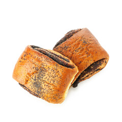 Tasty buns with poppy seeds isolated on white, top view