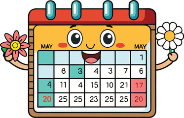 Adorable May calendar illustration with cheerful colors and a flower character, perfect for spring events or creative projects