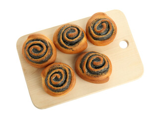 Tasty buns with poppy seeds isolated on white, top view