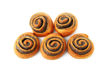 Tasty buns with poppy seeds isolated on white, top view