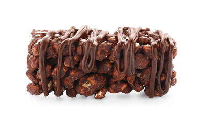 Delicious chocolate puffed rice bar isolated on white