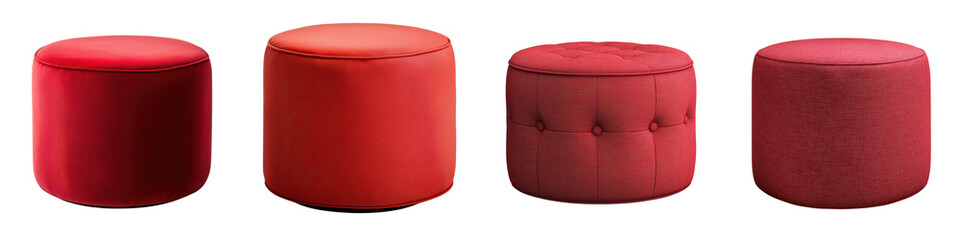 Set of four luxurious red velvet ottoman poufs arranged in a contemporary living room decor The poufs feature a tufted design and offer comfortable seating or footrest options