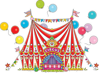 Obraz premium Fancy colorful circus tent decorated with red and white stripes, multi colored flags and flying holiday balloons, vector cartoon illustration on a white background