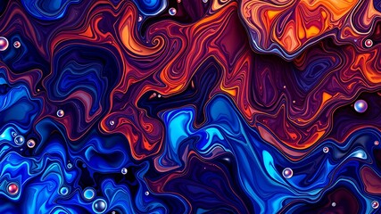 Obraz premium Abstract swirling vibrant blue, orange, and purple paint texture with iridescent bubbles, perfect for digital art, backgrounds, and design projects.