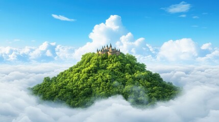 Obraz premium Adventure in a mystical forest island enchanted mountain digital art serene environment aerial view fantasy concept
