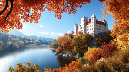 Obraz premium Autumn scenic view of a majestic castle by the lake colorful foliage serene landscape tranquil environment