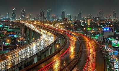 Obraz premium Elevated highway with light trails at night, city skyline background.