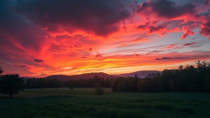 Obraz premium Vibrant sunset over a serene green field with silhouetted trees and mountains in the background, creating a dramatic and peaceful landscape scene.