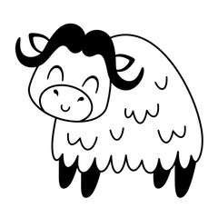 Black and white Muskox clipart. Cute Arctic animal clipart. Hand draw vector illustration in flat style