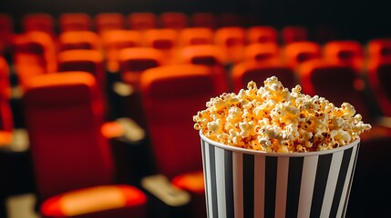 Popcorn cup in a theater with red seats.