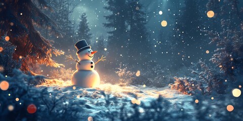 Snowman with blurred bokeh lights creating a festive winter background.