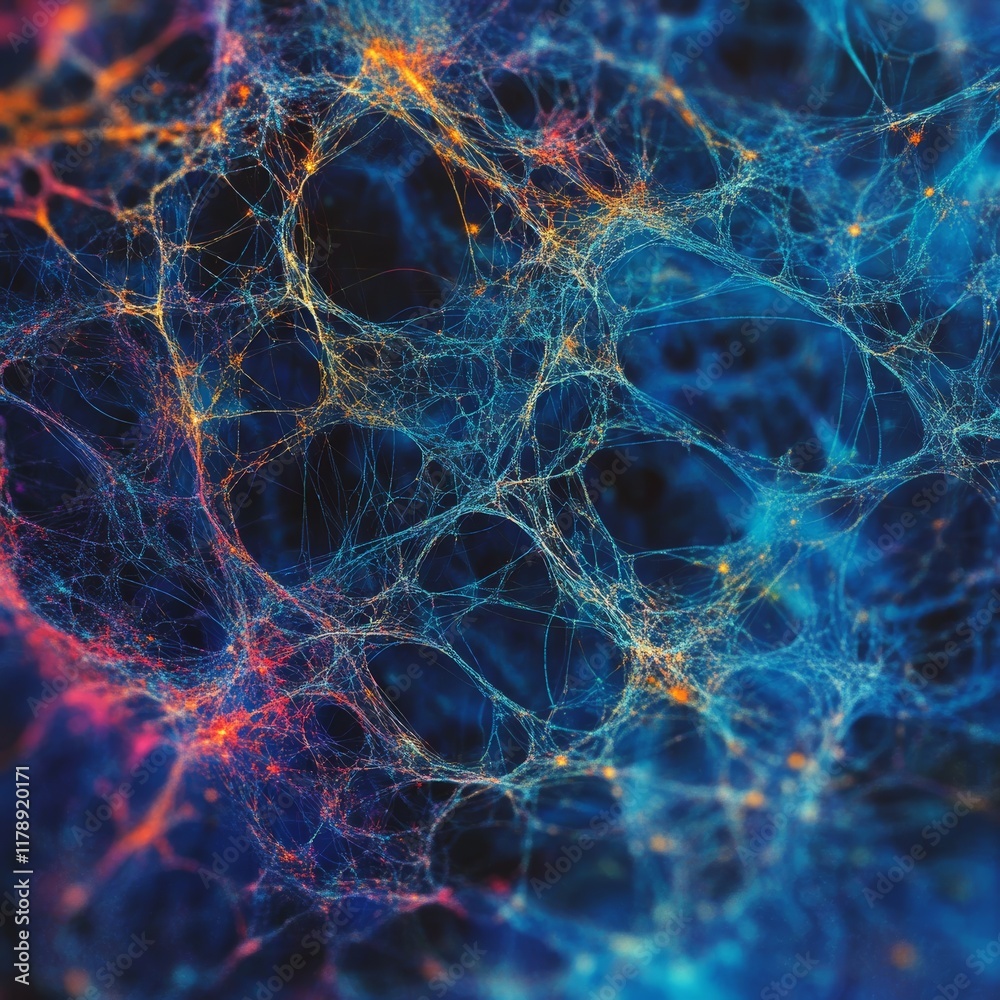 Poster abstract data network texture with colorful nodes and interconnected patterns in blue and orange hue