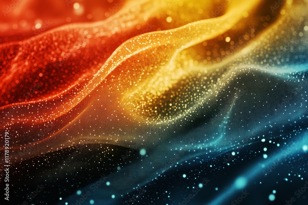 Poster this vibrant abstract background features flowing waves with sparkling particles, creating a beautif