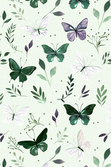 Diseño vintage de mariposas, plantas y flores sobre fondo verde pastel. Carteles con motivo de primavera, naturaleza y bienestar.