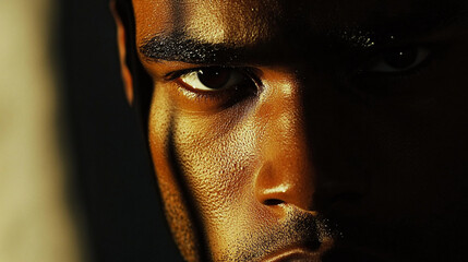 A close shot of a manâs face partially in shadow, emphasizing his sharp jawline and focused gaze.