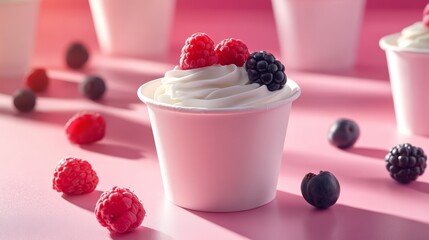 Yoghurt in a cup with blueberries and strawberries at the top in pink background for product mockup advertisement, healthy food campaign, copy space.