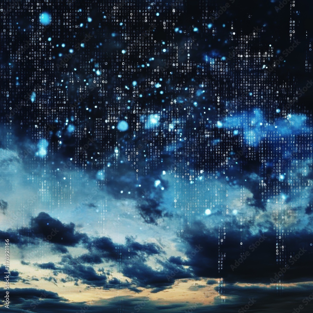 Poster discover a surreal blend of abstract patterns and binary code forms set against a dark, cloudy sky a